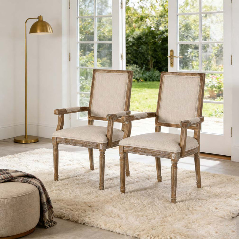 Chaise rembourrée avec pieds en bois d'hévéa, Beige