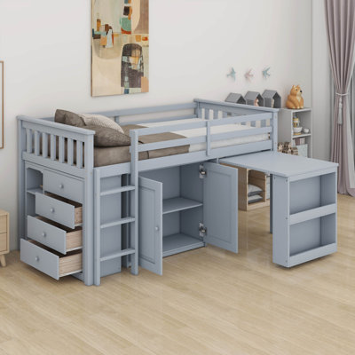 Lit mezzanine simple avec armoire à tiroirs et bureau à tiroirs, cadre de lit avec barrière de sécurité et échelle, mobilier peu encombrant pour les dortoirs étudiants