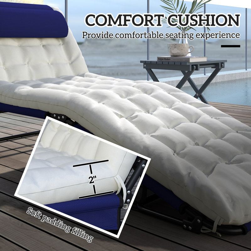 Folding Chaise Lounge Pool Chair With 4-Level Reclining Back, Cushion, Side Pocket, Headrest, Navy Blue, Navy Blue/White