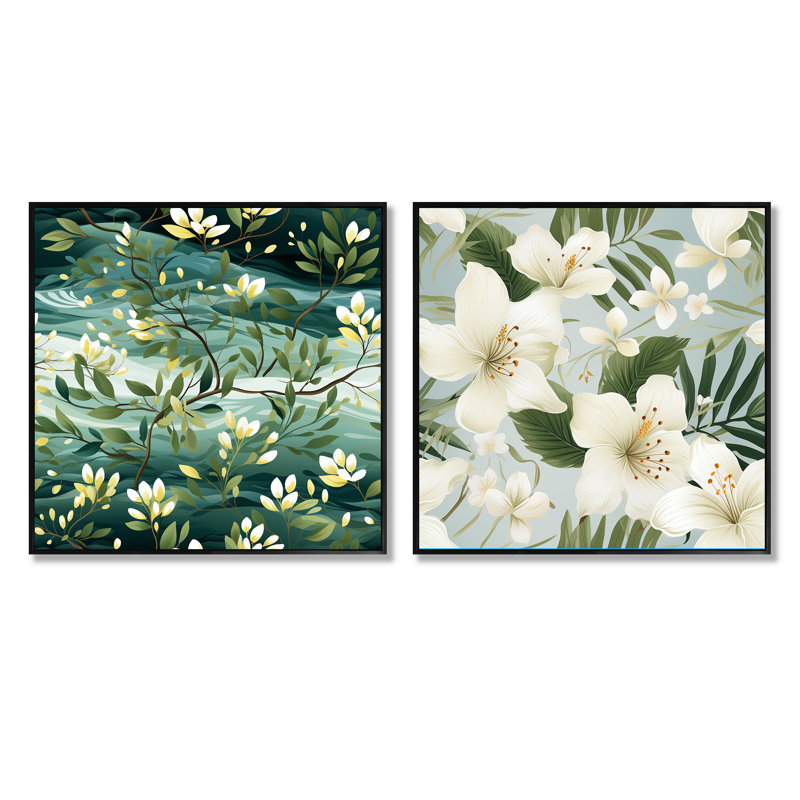 Mangrove Serenity - motif tropical - ensemble de 2 collages floraux carrés, Cadre flottant noir, H 36 po x l 73 po