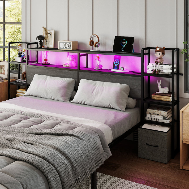 Tête de lit pour grand lit avec tablettes de rangement latérales à 3 niveaux et 2 tiroirs, tête de lit à 2 niveaux avec station de charge et lumières DEL, hauteur réglable