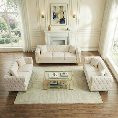 3-Piece Velvet Sofa Set, 2+2+3 Seater Chesterfield Style With Gold Accents & Wood Legs