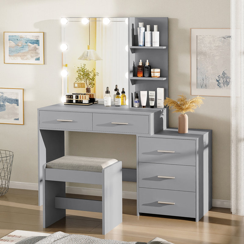 Ensemble de coiffeuse noire avec tabouret et miroir Malissia, Gris