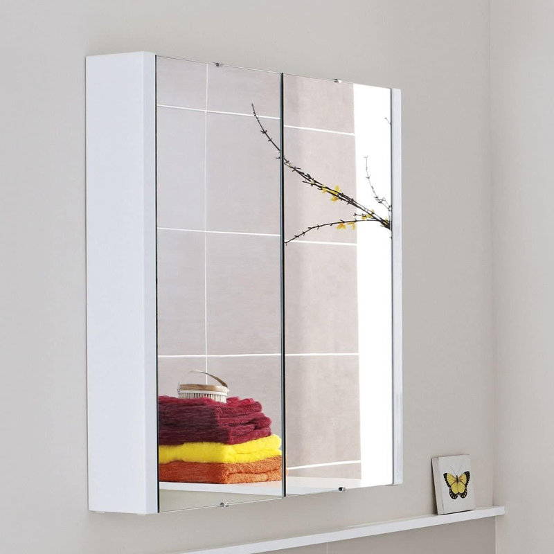 VeeBath Verona Wall Mounted Bathroom Mirror Cabinet, Modern Mirror with Storage & Adjustable Glass Shelves in Gloss White, 600mm