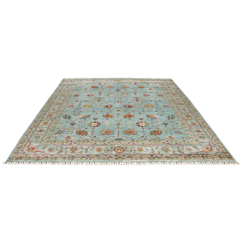 Tapis tribal turc 8 x 10 bleu clair et multicolore