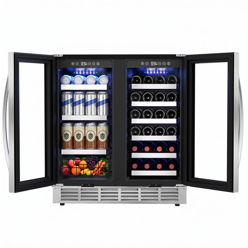 30" Wine and Beverage Refrigerator 33 Bottle & 130 Cans Built-in Wine Cooler with Four Handle Dual Zone