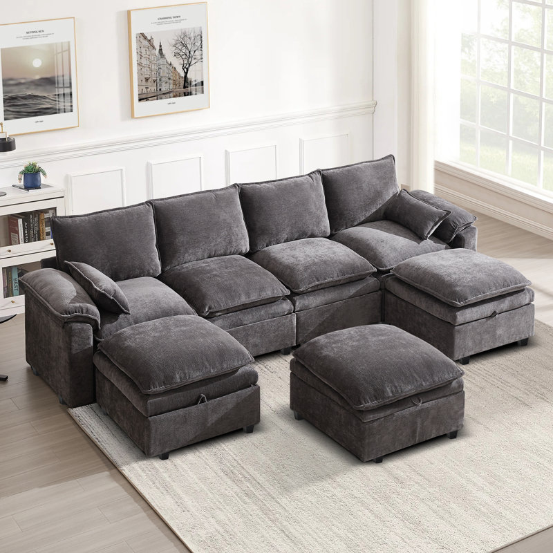 7 Seat Chenille U Shaped Modular Sectional Sofa With Storage, Gray