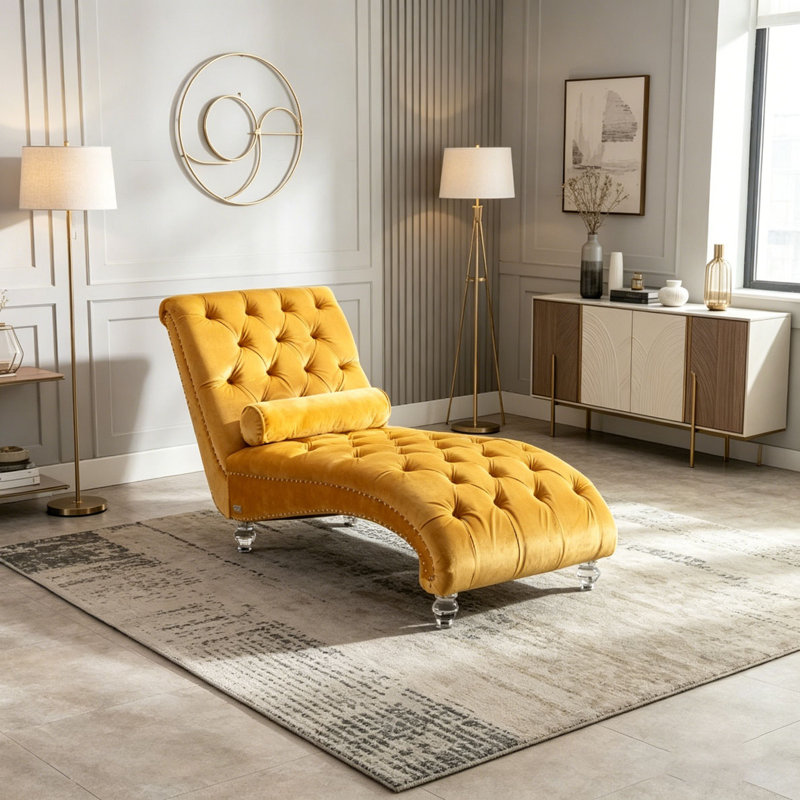Méridienne en velours pour l'intérieur, capitonnée à boutons, Velours moutarde