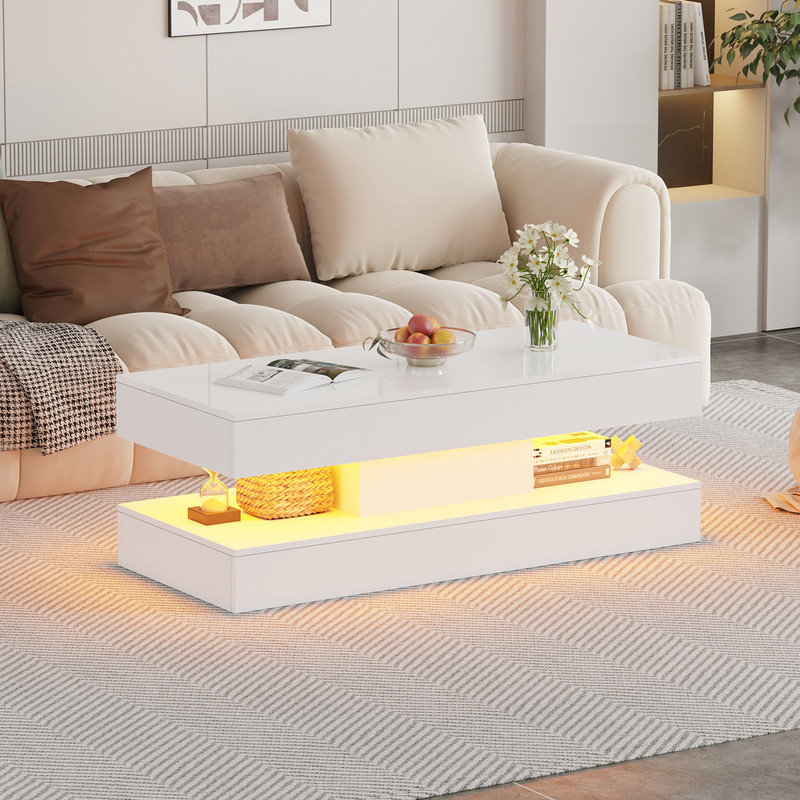 47.2 Inch Coffee Table with LED Lights, Modern High-Gloss Open Shelf Design, 2-Tier Floating Center Table with Illumination, Large LED Coffee Table for Living Room(Pur White)