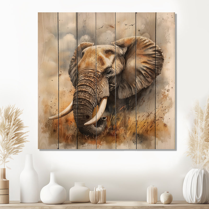 «African Elephant Memories II», impression sur bois gris moderne sur bois de pin naturel, H 15 po x l 15 po