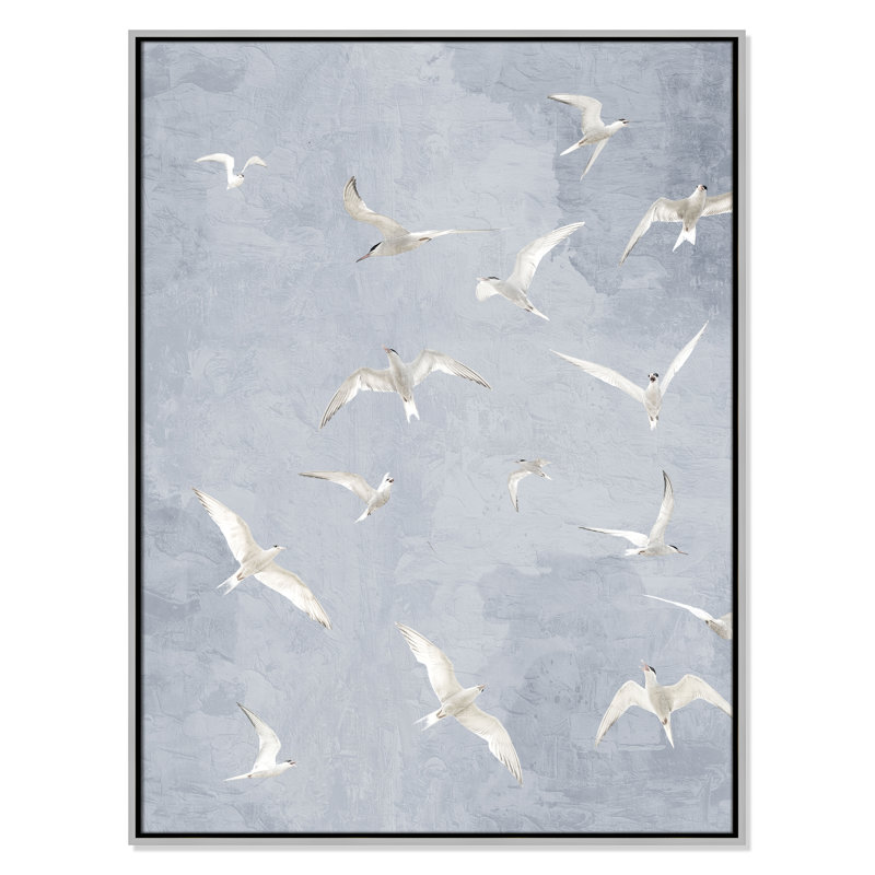 «Flight Flight», impression grise par Kimberly Allen, L 31,5 po x H 41,5 po, Flottant argenté