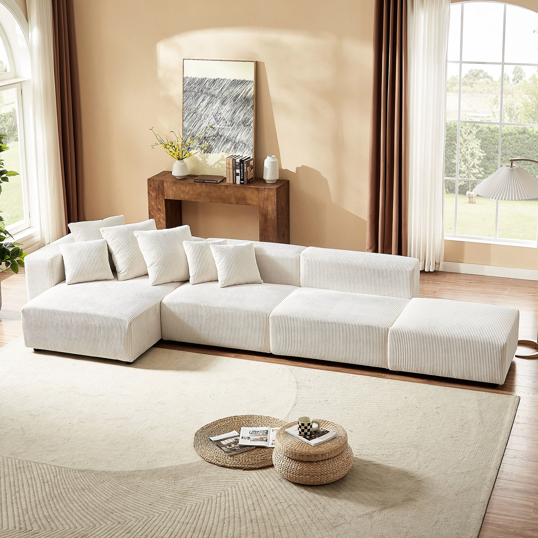 Latitude Run® Beige Corduroy Sectional Furniture - 4 Piece For Living ...