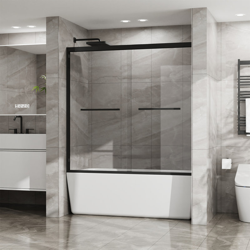 Double Sliding Bathtub Shower Door 60 In. W X 58 In. H Aluminum Framed Shower Enclosure For Tub With SGCC Clear Tempered Glass, Stainless Steel Hardware