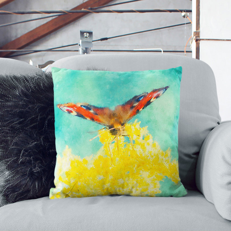 Butterfly On A Yellow Flower Painting Square Throw Cushion, Black, 40cm H x 40cm W x 15cm D