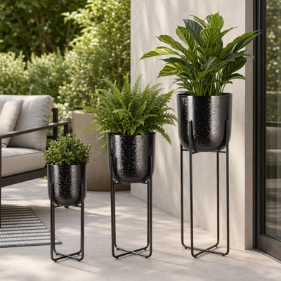 Metal Iron Planter Set With Textured Hammered Design And Modern Geometric Stands, Decorative Accent For Indoor Or Outdoor Display, Set Of 3