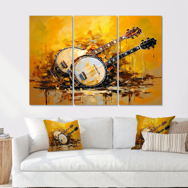 «Music Banjo Bliss Sunny Yellow I», ensemble de reproductions d'art mural musical, Toile tendue, H 28 po x l 36 po x P 1 po