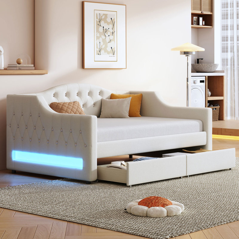Upholstered XL Daybed with LED Belt and 2 Drawers, Beige