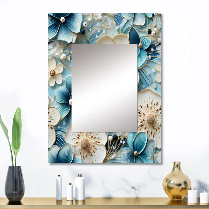 Fleurs bleues et blanches Argeniz Simplicity - miroir floral, miroir mural décoratif de campagne, impression d'art en métal