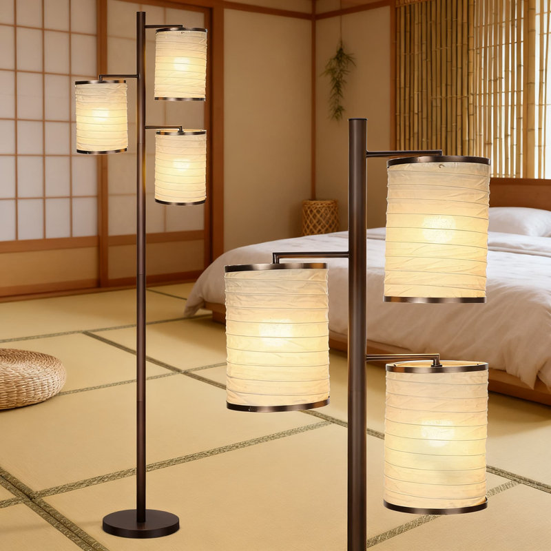 Grande lampe sur pied avec abat-jour lanterne asiatique - Lampe sur pied à 3 ampoules DEL pour le salon, la chambre à coucher et la lampe de lecture de bureau