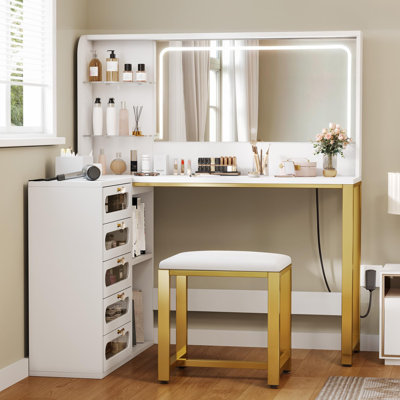 Ensemble de bureau - Meuble-lavabo en L avec miroir et lumières 3 modes d'éclairage, grande coiffeuse 48 po avec 5 tiroirs en verre trempé et tablettes de rangement ouvertes