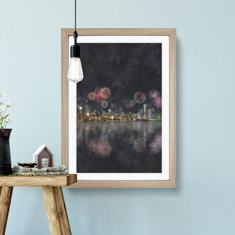 Fireworks Above the Chicago - Picture Frame Painting Print, Oak Framed, 63cm H x 45cm W x 2cm D