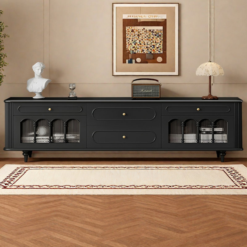 Meuble télé style rétro en buis français, H 27,95 po x L 86,61 po x l 15,75 po, Noir