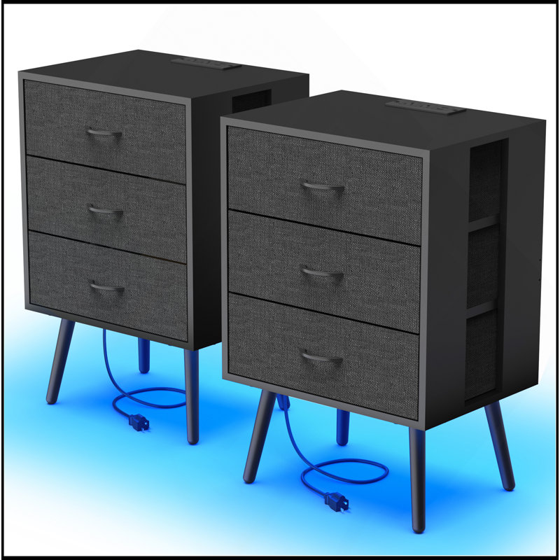 Ensemble de 2 tables de chevet modernes avec station de charge, tables de chevet avec éclairage DEL et tiroirs en tissu, Noir