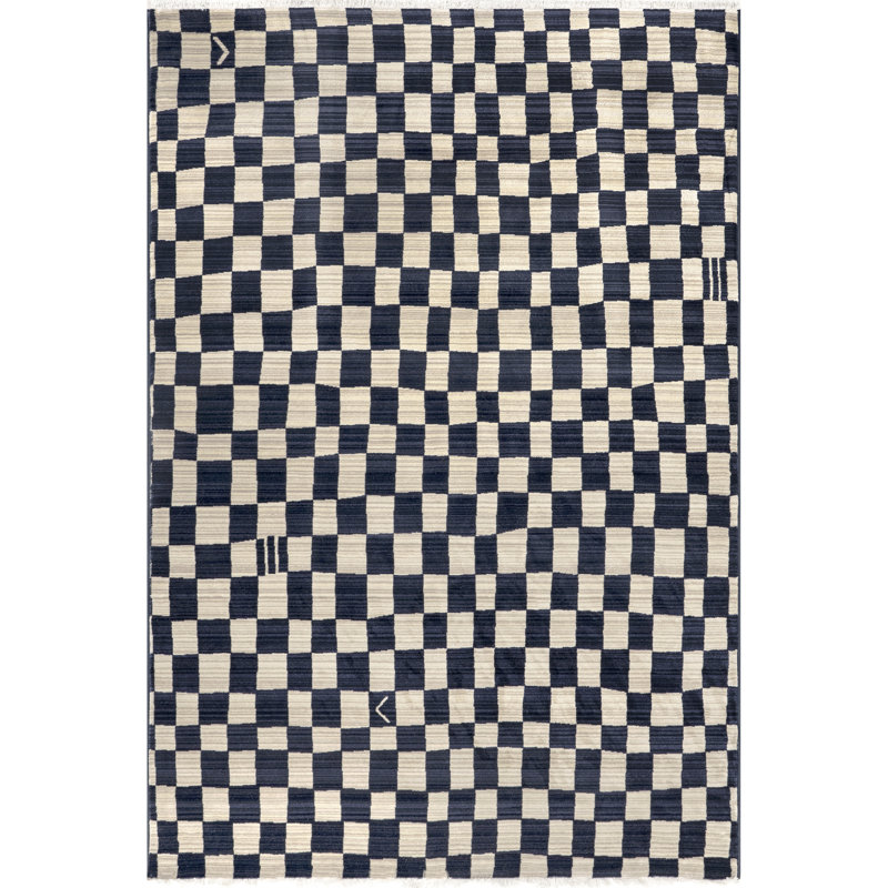 Dominique Abstract Checkered Fringe Area Rug, Round 6'