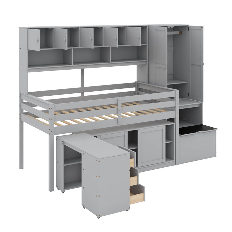 Lit mezzanine simple en bois avec tiroirs et tablettes, Gris