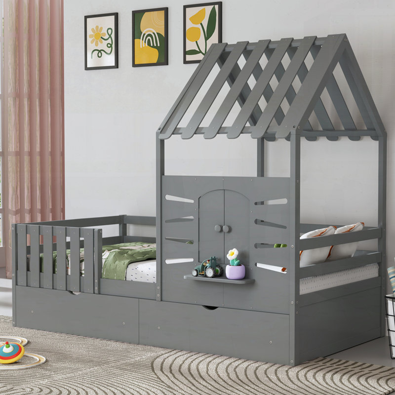 Charmant lit simple en bois avec rangement et sécurité pour les enfants, Gris