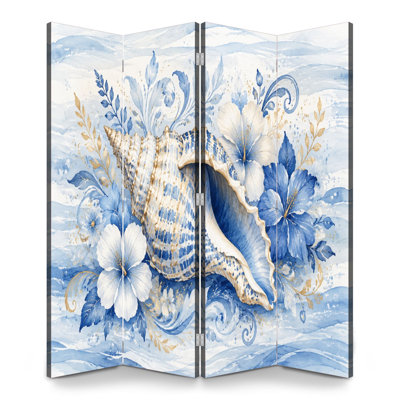 Cloison pliante 4 panneaux à motif de coquillage bleu, fleurs d'hibiscus bleu, toile d'aquarelle élégante, cloison, cloison de protection autoportante, cloison d'intimité pour salle de bain