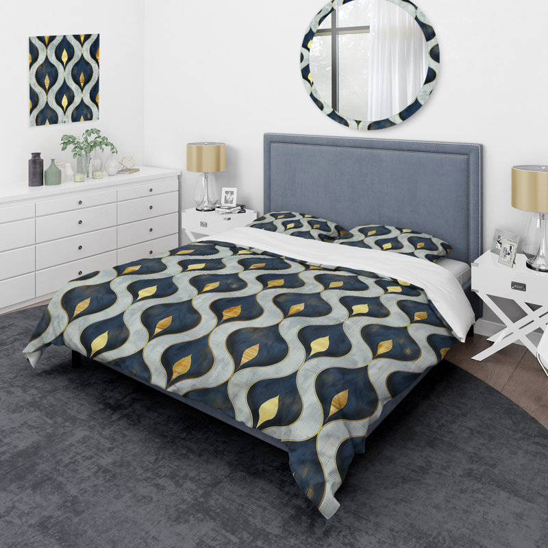 Ensemble de housse de couette moderne Blue Gold Ogee Patten IV, Housse de couette simple et deux taies décorative