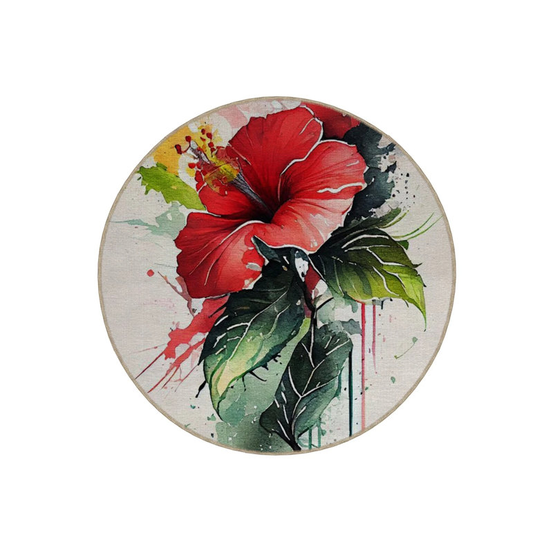 Modern Decorative Carpet With Watercolor-Look Flower Details, Round 2'8"