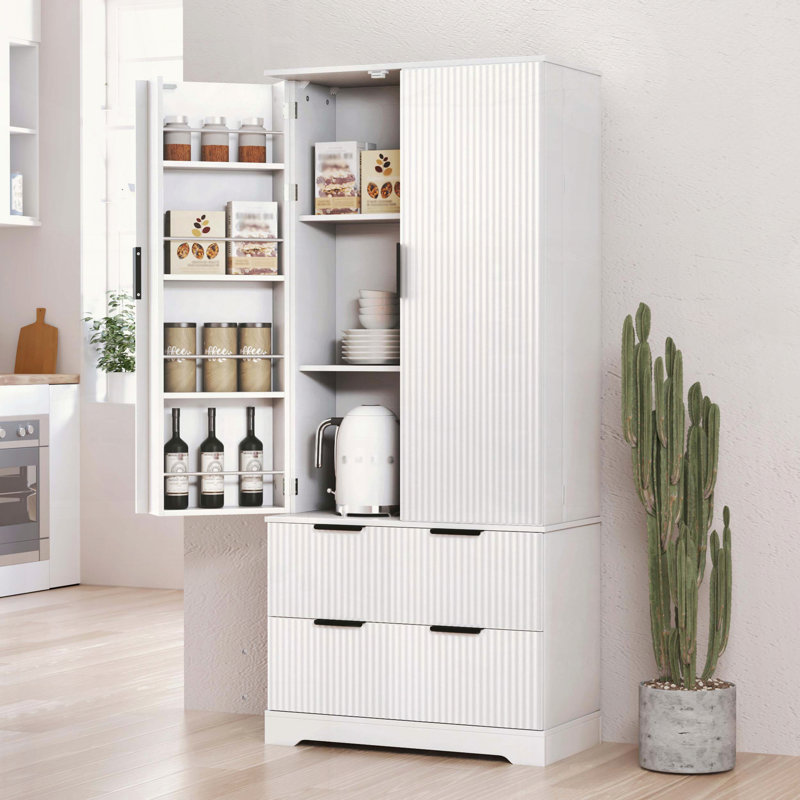 Modern Fluted Kitchen Pantry with Large Drawers and Spice Racks