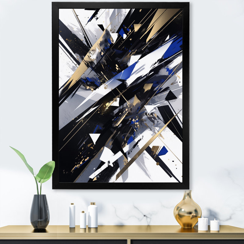 Symphonie cubiste noire sur blanc, Cadre simple noir, H 44 po x l 34 po x P 1,5 po