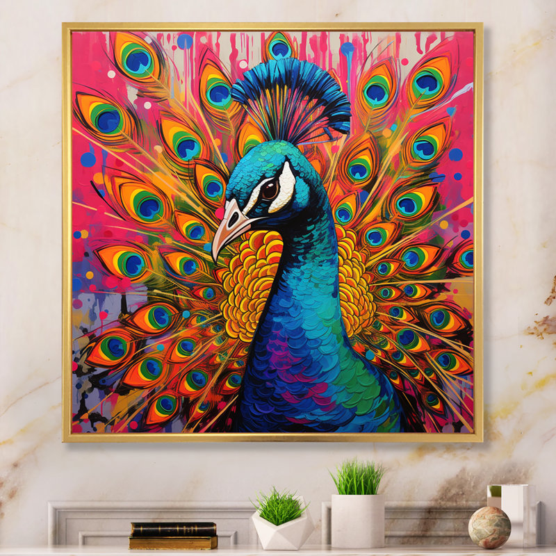 Bleu sarcelle, Pop Art, paon - paon, art mural sur toile, H 30 po x l 30 po x P 1 po, Cadre doré simple