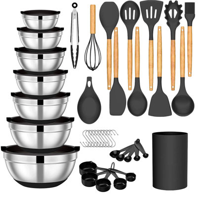 Ensemble de 16 pièces de cuisinière en silicone, ensemble de cuisinière, cuiseur antiadhésif antiadhésif - sans BPA, et 7 pièces de bols à mélanger en acier inoxydable