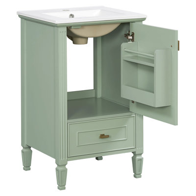 Meuble-lavabo de 20 po avec lavabo en céramique, pieds en bois massif, meuble-lavabo autoportant avec armoire de rangement, tiroirs et portes à fermeture en douceur, support de rangement