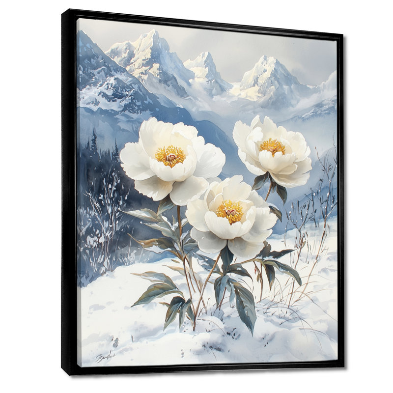 Ghulam neige pivoines dans le paysage d'hiver II - pivoines, art mural, H 44 po x l 34 po, Reproduction avec cadre flottant