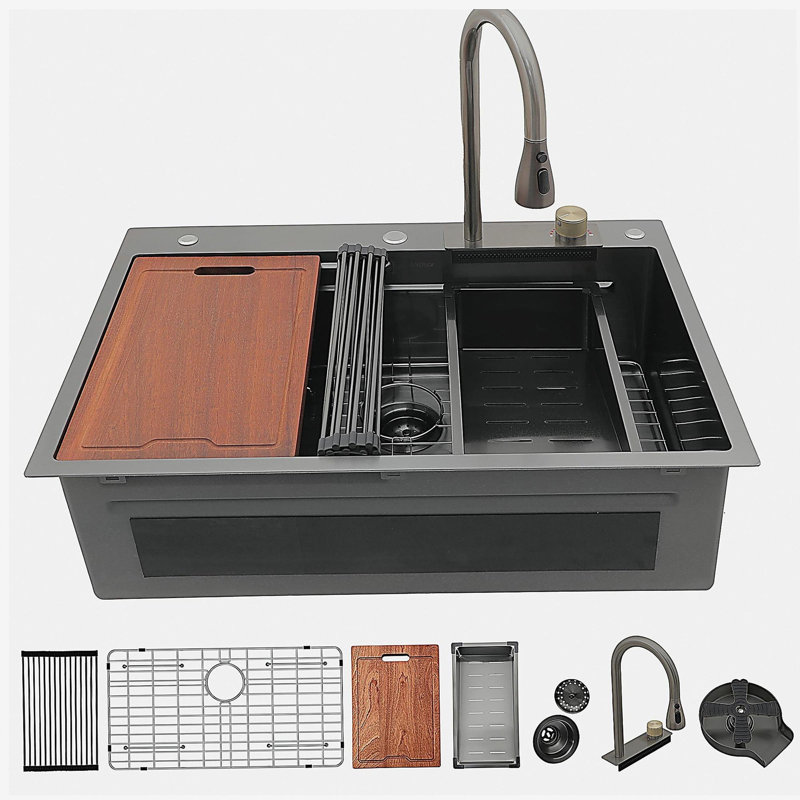 Gunmetal Black Drop in Waterfall Kitchen Sink - 33*22 inch Single Bowl 16 Gauge Stainless Steel Ledge Workstation Kitchen Sinks with Pull-Out Faucet & Cup Washer, Unique Waterfall Design