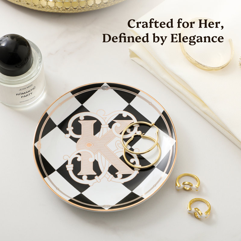 Ensemble de 1 plateau à bijoux 5,25 pouces à carreaux noirs monogrammés «K»