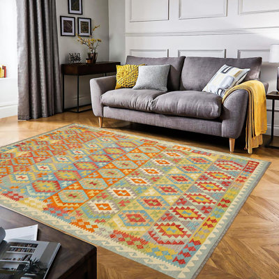Kemarii Geometric Handmade Hand-Woven Rectangle 8'2'' x 9'8'' Wool Area Rug in Orange/Blue/Beige