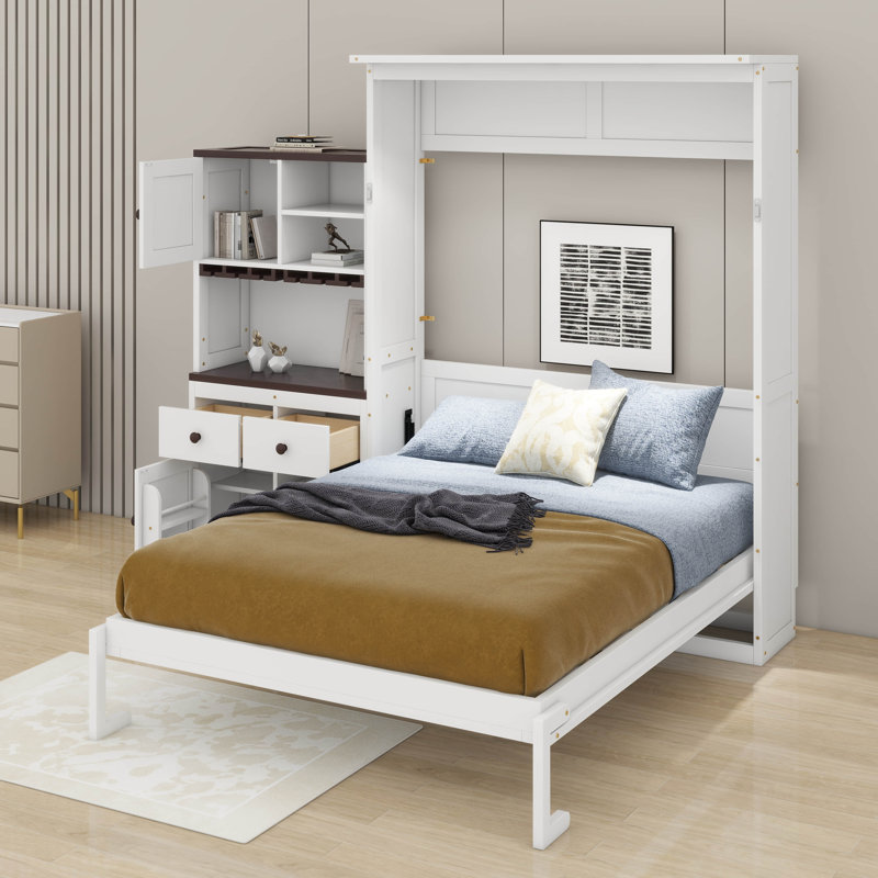 Grand lit escamotable avec armoire de rangement, support à vin, porte-verre, tiroirs et bande DEL, Blanc