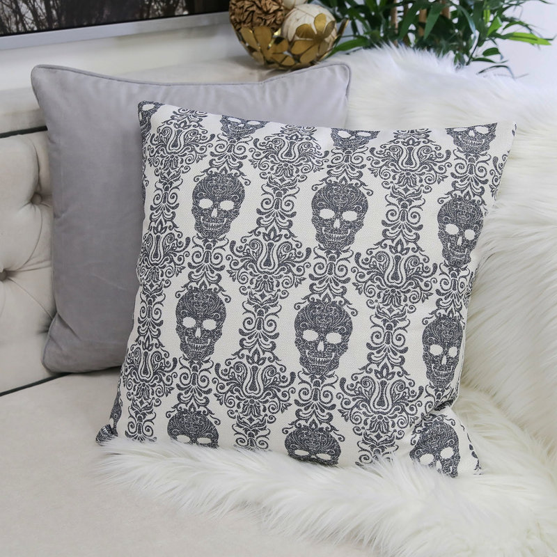 Coussin Gothic Damask Skull - Lin en coton noir et blanc