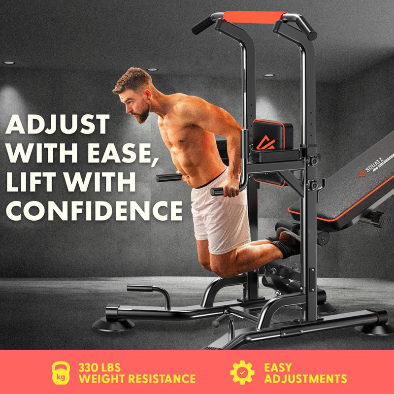 SQUATZ Dip Station Pull-Up - Votre tour de puissance tout-en-un et support de barre de traction avec banc escamotable pour l'exercice à la maison et la presse à banc