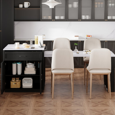 Îlot de cuisine extensible pour 4 à 6 personnes, armoire noire, rangement spacieux, 2 roulettes verrouillables, 1 port Type-c avec faux marbre extensible, double