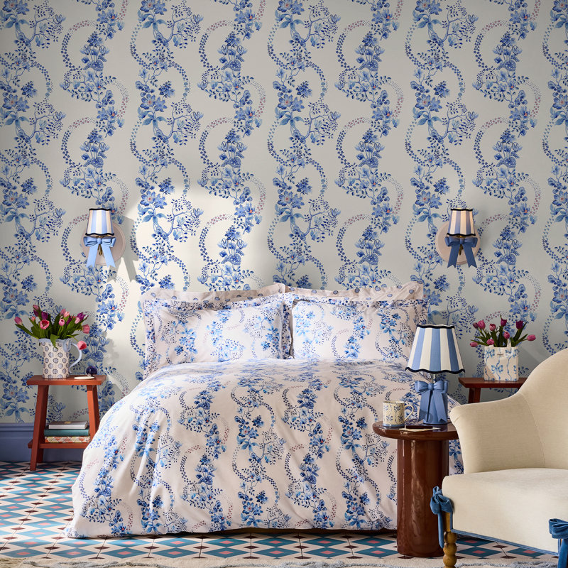 Cath Kidston Road Floral Dusky Wallpaper, Blue/White