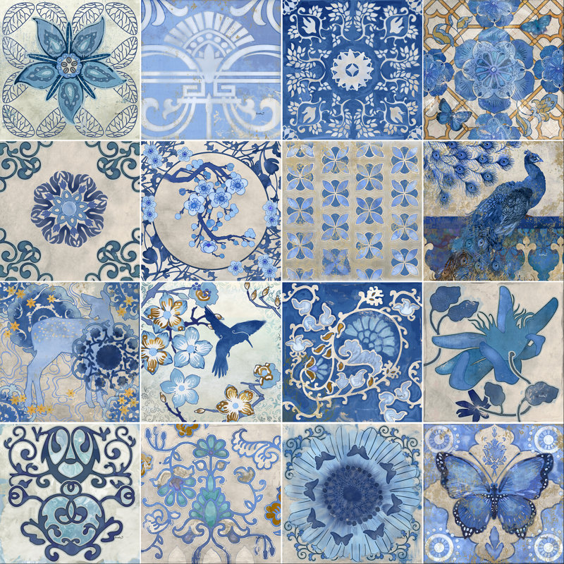 Carreaux bleus et blancs, H 12 po x l 12 po