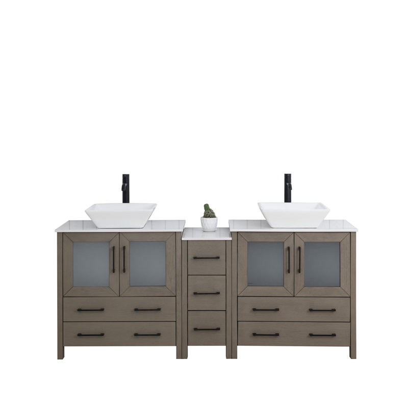 Ravenna 72" Freestanding Double Sink Bathroom Vanity with Engineered Marble Top and Matching Mirrors, Driftwood Gray