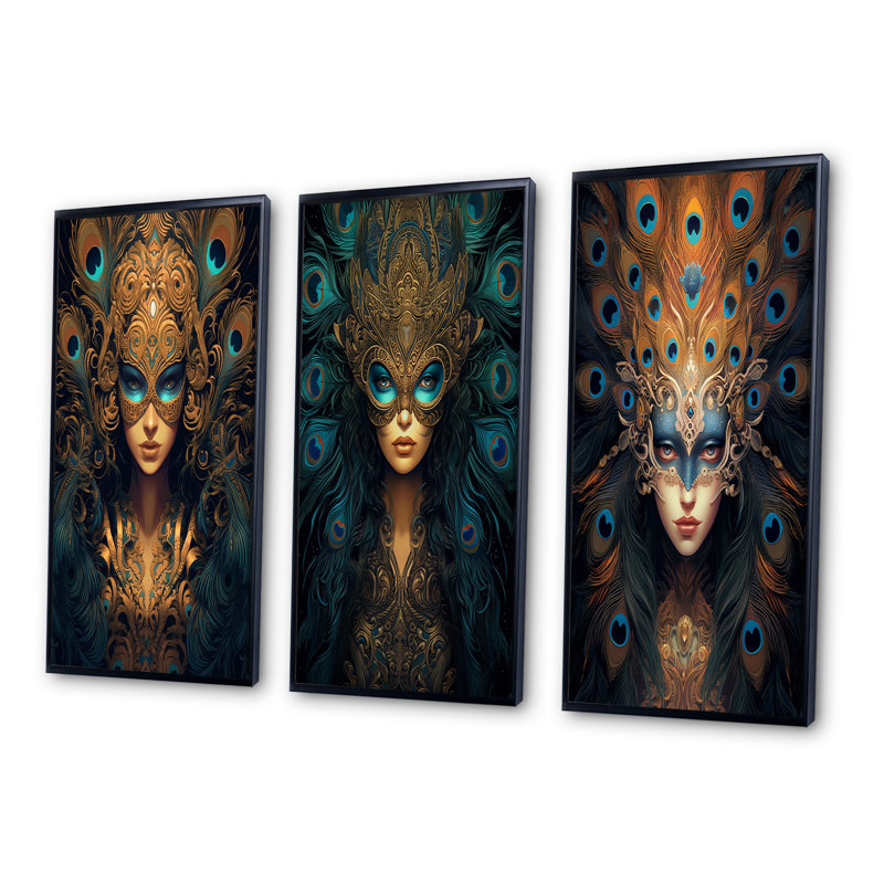 «Peacock Feather Mysterious Goddess», 3 pièces sur toile, Cadre noir, H 28 po x l 36 po